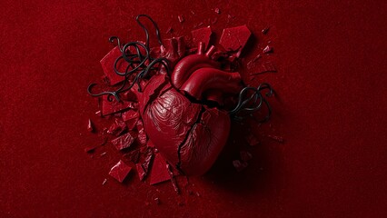 Broken heart with wires going out of it, tragic love or special medical conditions, heart or feelings problems concept