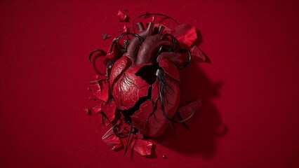 Broken heart with wires going out of it, tragic love or special medical conditions, heart or feelings problems concept