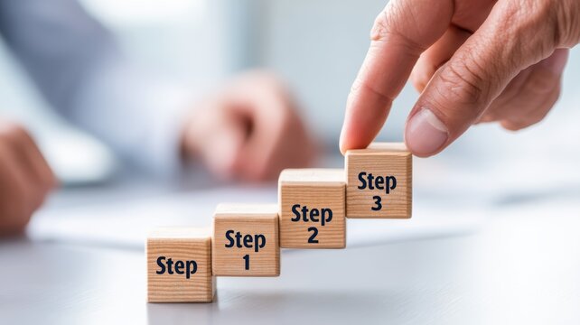 management team goal-setting. Hand placing blocks labeled 'Step' on a table, representing a progression or process.