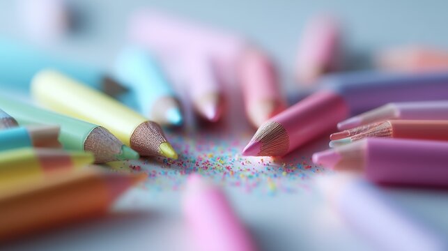 A vibrant collection of colored pencils surrounded by scattered shavings, showcasing creativity and art inspiration.