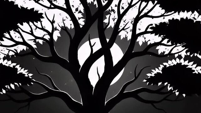 An elegantly stylized black and white animation features a majestic tree in silhouette against a luminous, full moon or bright celestial body. Delicate white leaves subtly sway or gently fall, creatin