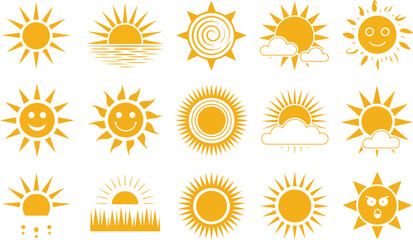 Set of fifteen vibrant yellow sun icons with diverse stylistic designs and glowing radiating beams on white