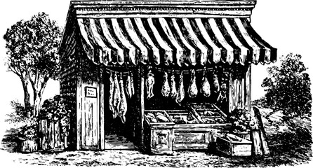 Shop exterior in vintage engraving style. The illustration features a market displaying meat products under a striped roof, created as a vector set.