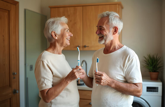 Happy senior couple smile holding toothbrushes in bathroom. Elderly man and woman brush teeth. Old people have healthy teeth. Husband and wife enjoy morning routine