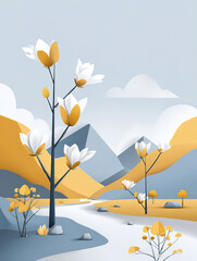 Chinese-style landscape painting with mountains, water, clouds, pavilions, and towers in autumn