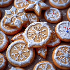 Christmas holiday dessert macro photography of decorated gingerbread cookies  