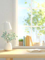 Fresh and elegant illustrations of a desk under a window for the start of the school season.