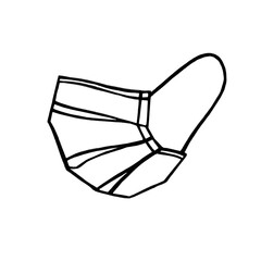 Hand-drawn medical face mask illustration in black outline. Protective mask sketch for healthcare materials, safety posters, medical guides, quarantine graphics, and educational design.
