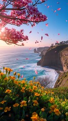 Ocean Cliffs at Sunset with Cherry Blossom Sky