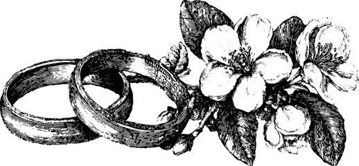 Wedding rings and blooming flowers drawn in vintage engraving style. Monochrome hand-drawn composition for wedding card or romantic design.