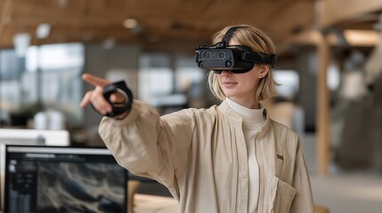 A virtual reality game tester wearing a headset and motion trackers, navigating a digital world as developers watch feedback metrics — VR performance testing, immersive UX evaluation, and gaming