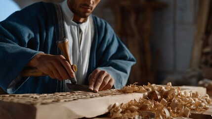 A craftsman carving intricate patterns into wood using time-worn tools, shavings curling to the floor in an old workshop — woodworking tradition, handmade artistry, and cultural craftsmanship.