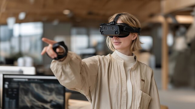 A virtual reality game tester wearing a headset and motion trackers, navigating a digital world as developers watch feedback metrics — VR performance testing, immersive UX evaluation, and gaming