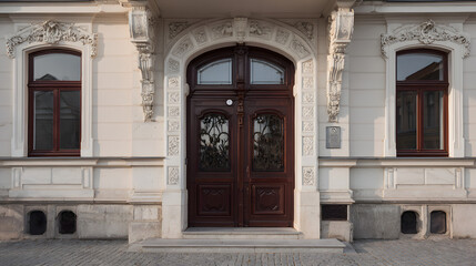 Obraz premium driveway. A grand mansion entrance featuring classical architectural details under a bright sky with scattered clouds. real-estate listings.