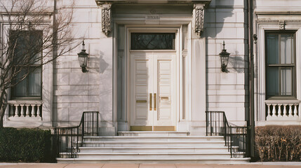 driveway. A grand mansion entrance featuring classical architectural details under a bright sky with scattered clouds. real-estate listings.