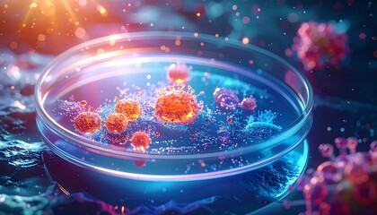 Illuminated petri dish filled with virus cells on a textured blue surface, with bokeh effect and bright light flares