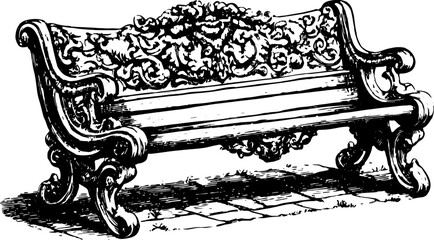 Ornate bench illustration in vintage style. A decorative outdoor seat designed with intricate details, featured in vector format.