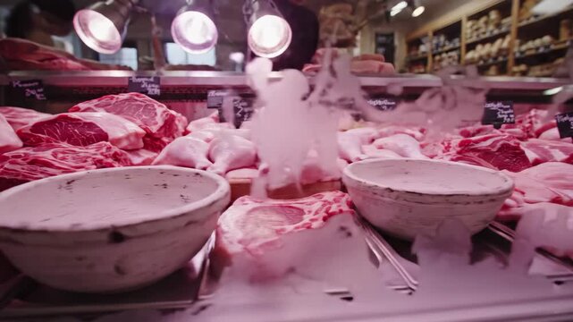 Fresh cuts of red meat and poultry displayed under bright lights in a traditional butcher shop