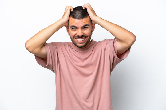 Young caucasian man isolated on white background doing nervous gesture