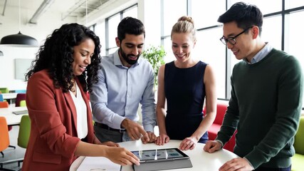 Diverse business team collaborating and discussing ideas around a tablet in a modern office - Powered by Adobe