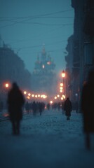 Snow falls gently on a city street at dusk, lit by warm streetlights, creating a serene winter atmosphere.