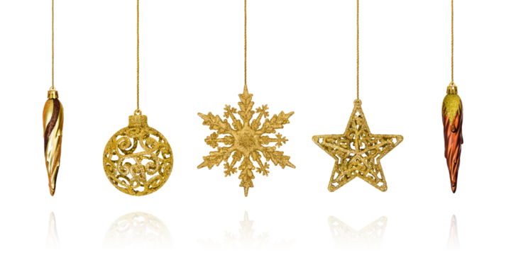 Christmas decorations in the form of a golden icicles, snowflake, star, and ball isolated on a transparent background with clipping path. Design element for Christmas card
