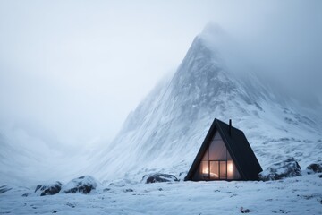 A warm, lit cabin stands alone in a serene, snow-covered mountain setting, creating a cozy winter retreat.