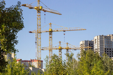 Construction site. Construction cranes and buildings among the trees. Blue sky