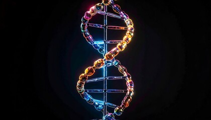 Illuminated, transparent DNA helix model against a dark background, shining with colors and reflections