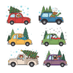 Fototapeta premium Festive canine companions transporting christmas trees in charming whimsical cars for the holidays