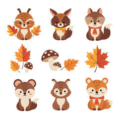 Obraz premium Whimsical autumn woodland creatures and flora cartoon collection for seasonal designs