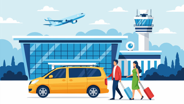 Travelers with Suitcases Exiting a Yellow Taxi Cab at a Modern Airport Terminal Building, Ready for Their Departure Flight Journey