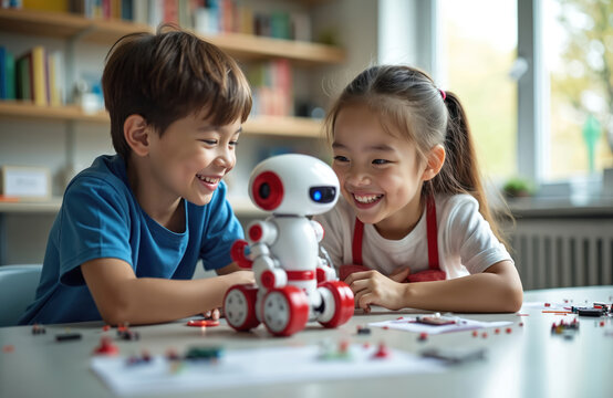 Two happy children study robotics. Boy, girl learn science, tech with small robot. Smile, enjoy playing with modern machine in bright classroom lab, exploring future skills, engaged in creative - Powered by Adobe