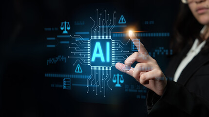 AI circuit microchip with glowing blue lines, surrounded by legal scales, warning symbols, data sheets, and binary codes, representing ethical AI, AI governance, and data integrity Latch