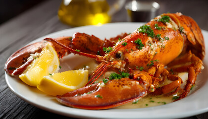 A close-up shot of a cooked lobster served on a plate