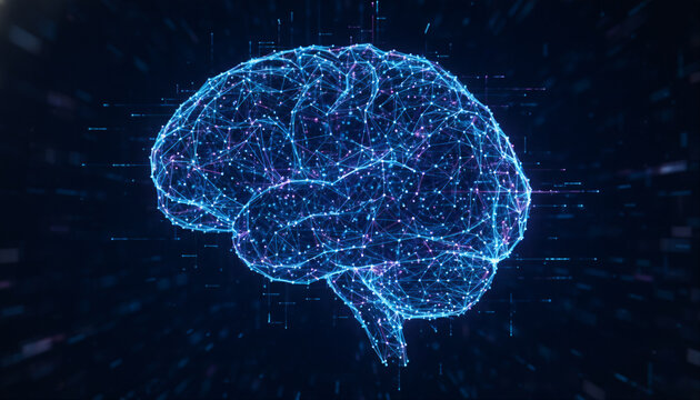 Glowing digital neural network brain for artificial intelligence concept