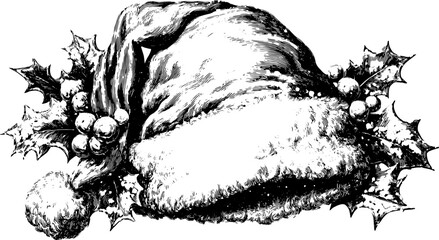 Santa hat with holly leaves and pompoms. Black and white vector illustration featuring a traditional winter accessory in a decorative set.