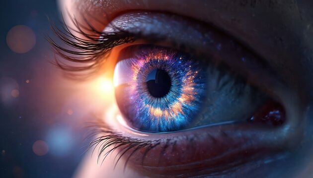 Macro view of human eye iris shows universe and galaxy. Blue purple colors, stars and light effects symbolize vision. Conceptual macro, awareness, cosmic.