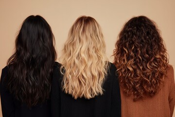 Three women with distinct hair textures and colors pose with backs to camera, showcasing natural waves on a neutral background.