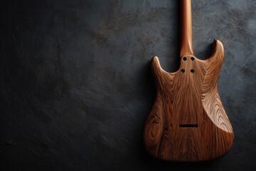 A back view of an electric guitar against a dark, textured surface. The wooden body and neck stand out