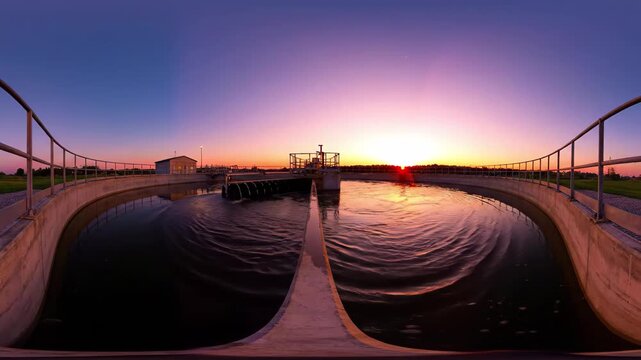 Wastewater treatment plant at sunset with vibrant sky and water purification process
