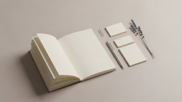 Minimalist Stationery Mockup Open Notebook Business Cards Pen and Lavender Sprig