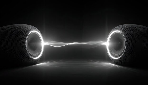 Two cylindrical audio devices facing each other with a glowing wave between them against a black background