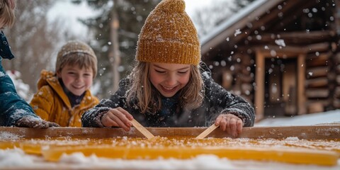 Children making maple taffy on snow in winter cabin