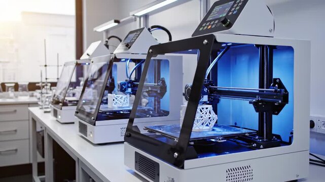 Row of modern 3d printers in a bright laboratory, actively manufacturing intricate objects
