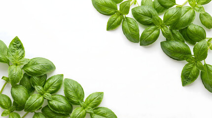 Fresh green basil leaves border frame on white background.