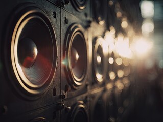 Close-up of a wall of speakers in a dimly lit space, highlighting the sound equipment