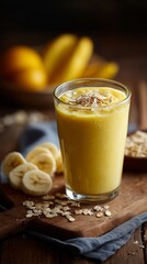 A vibrant glass of mango banana smoothie topped with oats, surrounded by sliced bananas, offering a nutritious breakfast option.