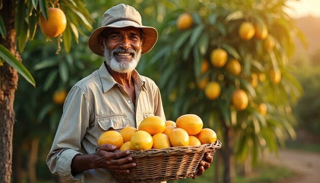 Elderly indian man harvests ripe mango fruits in basket. Farmer carries basket full of fresh yellow mangoes on farm. Happy mature gardener shows mango crop.