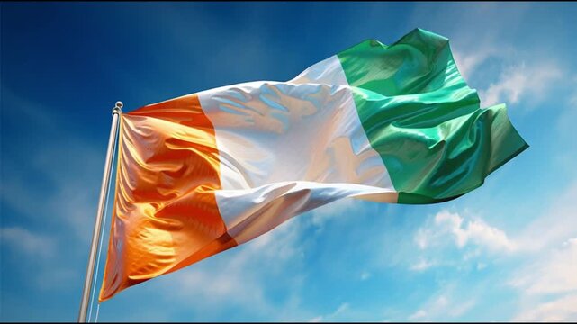 Flag of Cote d Ivoire waiving, blue sky background	